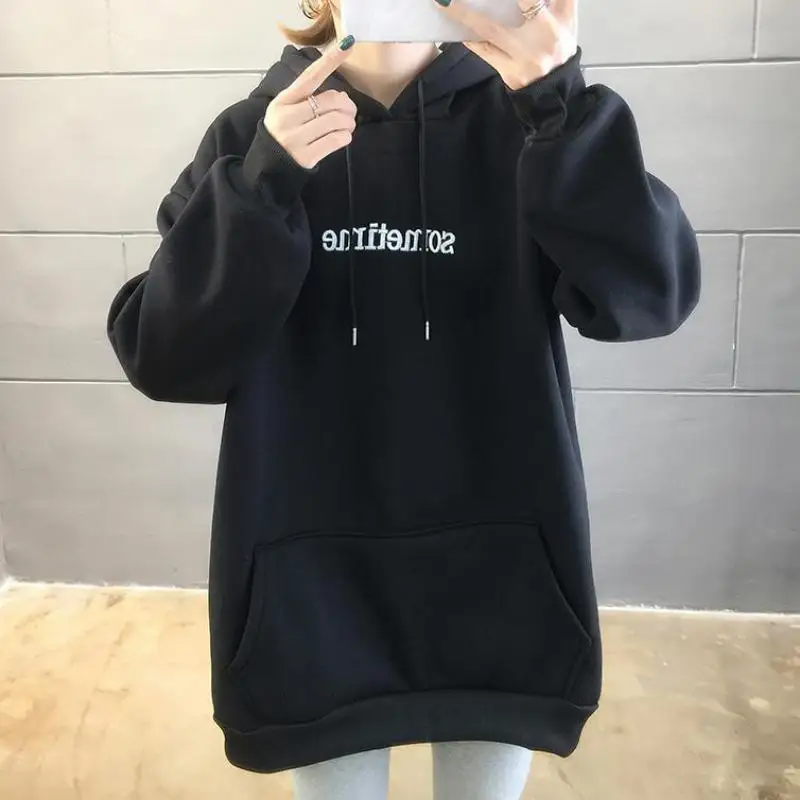 

Winter Casual Women Hoody Splice Rabbit Ear Embroidery Alphabet Harajuku Lady Sweatshirt Mid-length Female Pullover