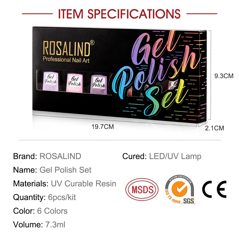 

ROSALIND Gel Nail Polish Kits 7.3ML 6pcs UV LED Gel Varnish Semi Permanent Manicure Set Nail Art Design Need Base Top Coat