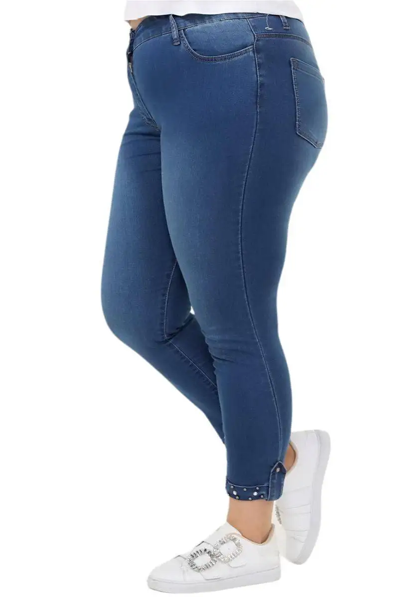 Hanezza Plus Size Women Fashion 2021 Winter Clothing Embroidered Cuff High Rise Ankle-Length Elegant Denim Trousers 2XL - 7XL Large Size Highly Seasonal Chic Jeans 44 - 54 EU Streetwear Female Plus Body Dark Blue
