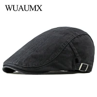 wuaumx simple solid cotton berets hat for men women washed herringbone flat peaked hat casual painter newsboy cap boina hombre