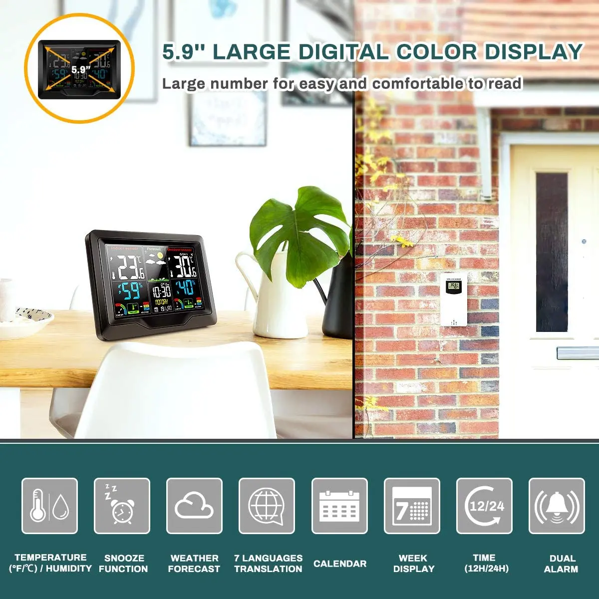 

Weather Stations Wireless Thermometer and Hygrometer Color Display Digital Forecast Station with Calendar Dual Alarm Backlight