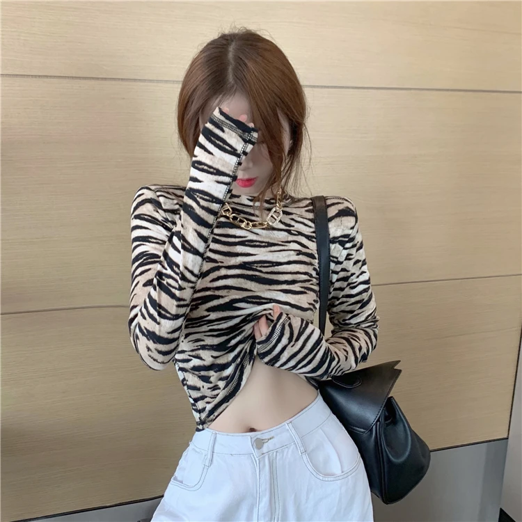 Футболка с принтом зебры Женский Осенний облегающий укороченный Топ длинным