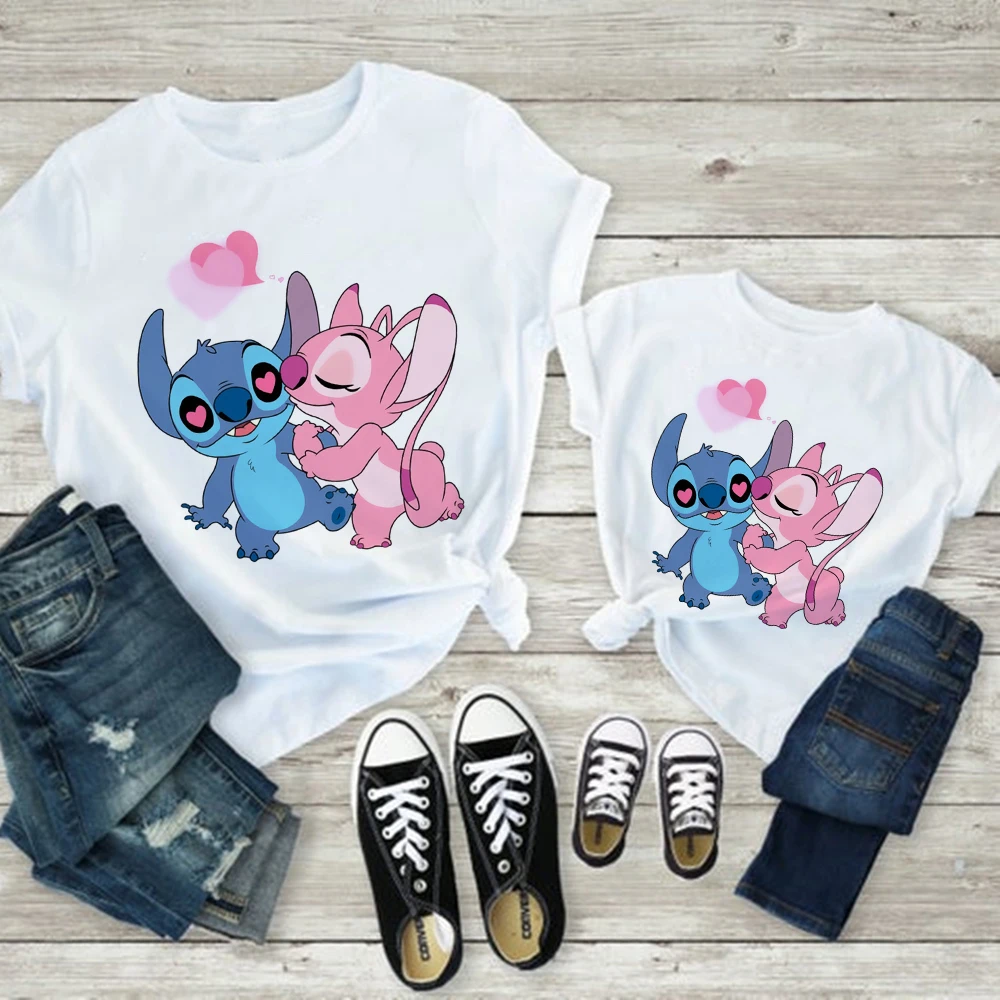 Cute Stitch Print Disney T Shirt Childern Summer Sweet Style Soft Girl Aesthetic Family Matching Clothes Mom and Daughter Equal