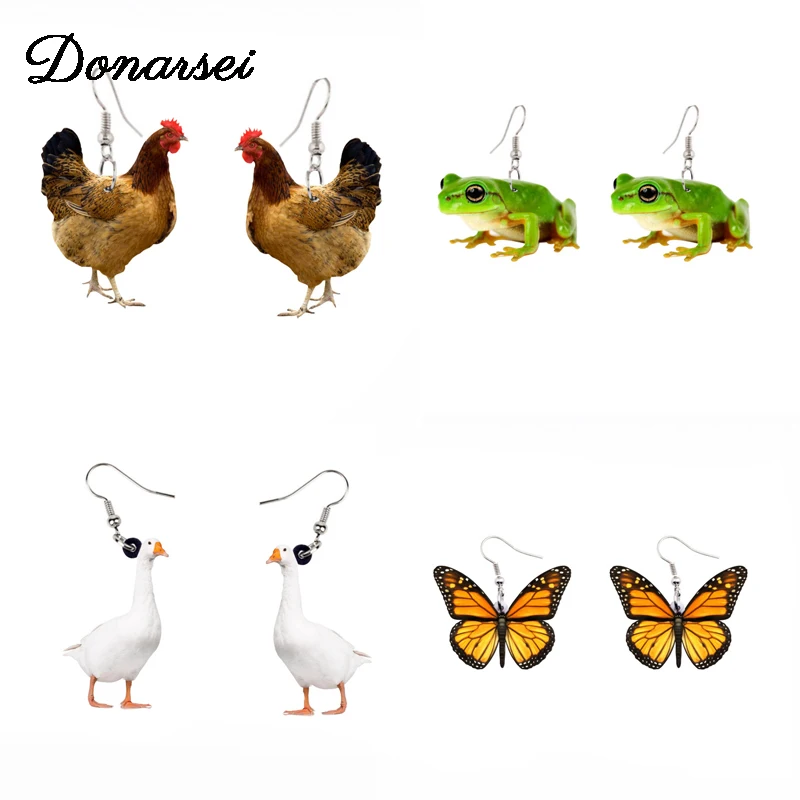 Donarsei Cute Print Animal Acrylic Earrings For Women Funny Hen Frog Goose Butterfly Drop Dangle Earrings Novelty jewelry