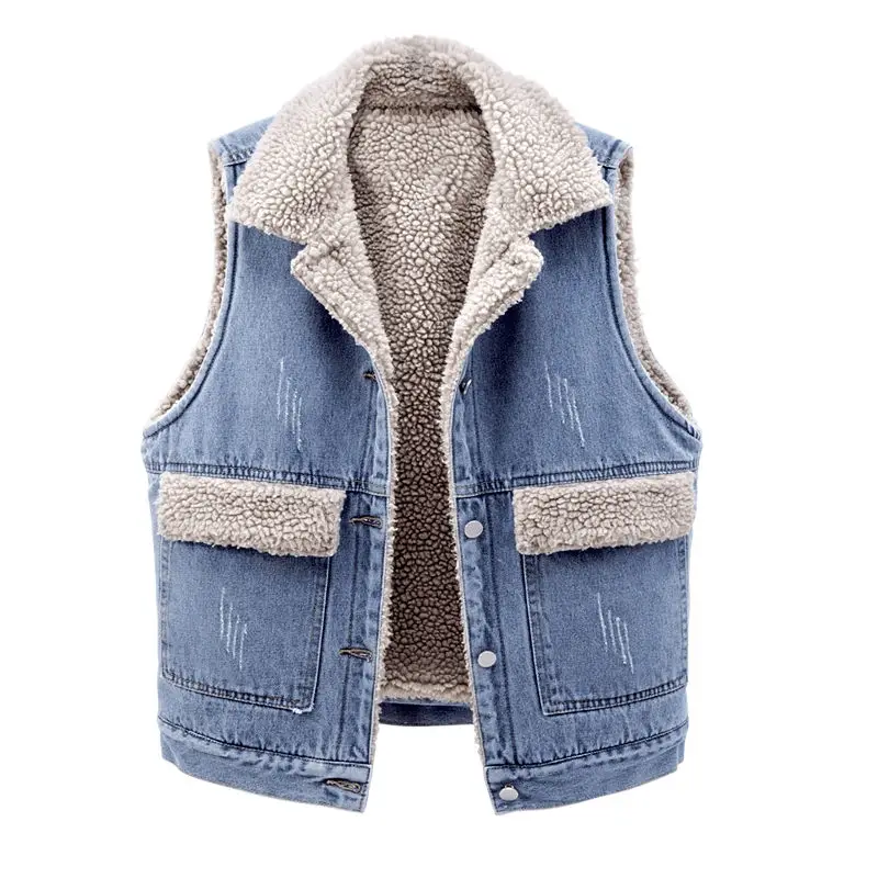 

Waistcoat Autumn And Winter New Korean Loose Big Pockets Sleeveless Lambswool Denim Vest Jacket Thick Warm Cotton Coat y1274