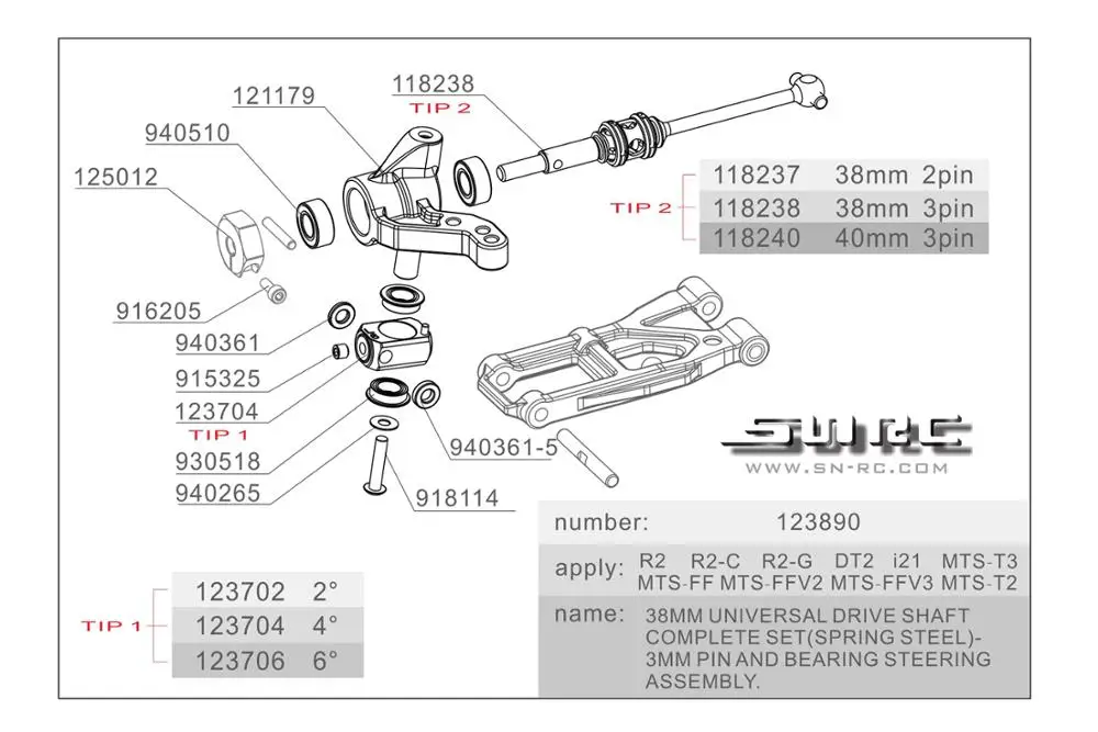 SN RC 1:10 RCAccessorie 123890 рулевое управление с CVD универсальным соединением (полный