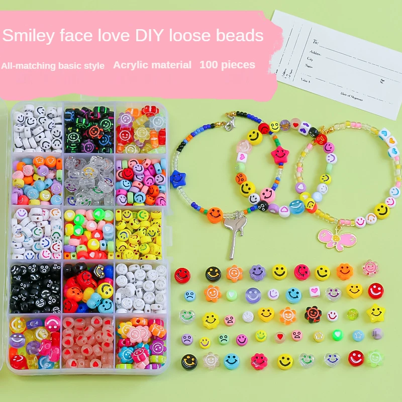 

100pcs/smiley expression love beads y2k acrylic loose beads DIY handmade beaded mobile phone chain material accessories