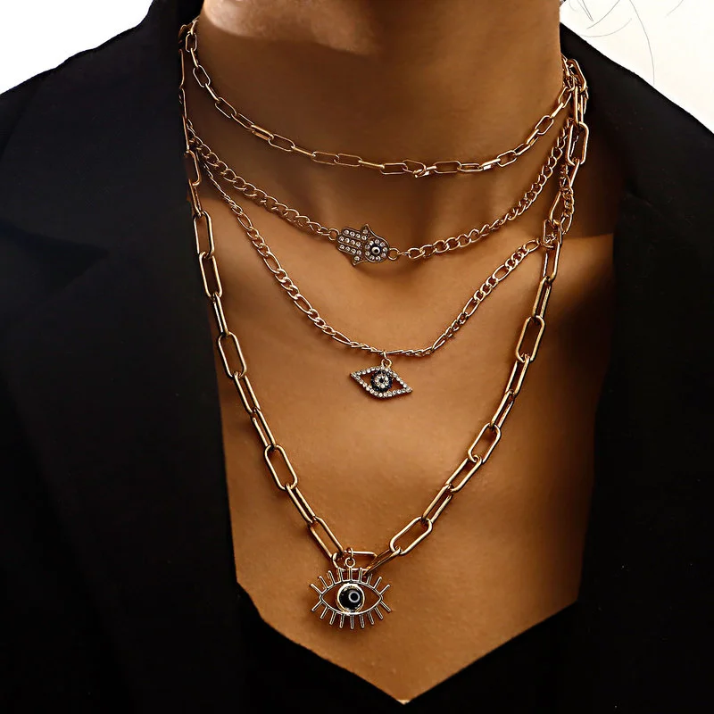 

Vintage Boho Multilayer Rhinestones Choker Evil Eye Fatima Hand Pendant Chain Gold Color Necklace for Women Fashion Jewelry