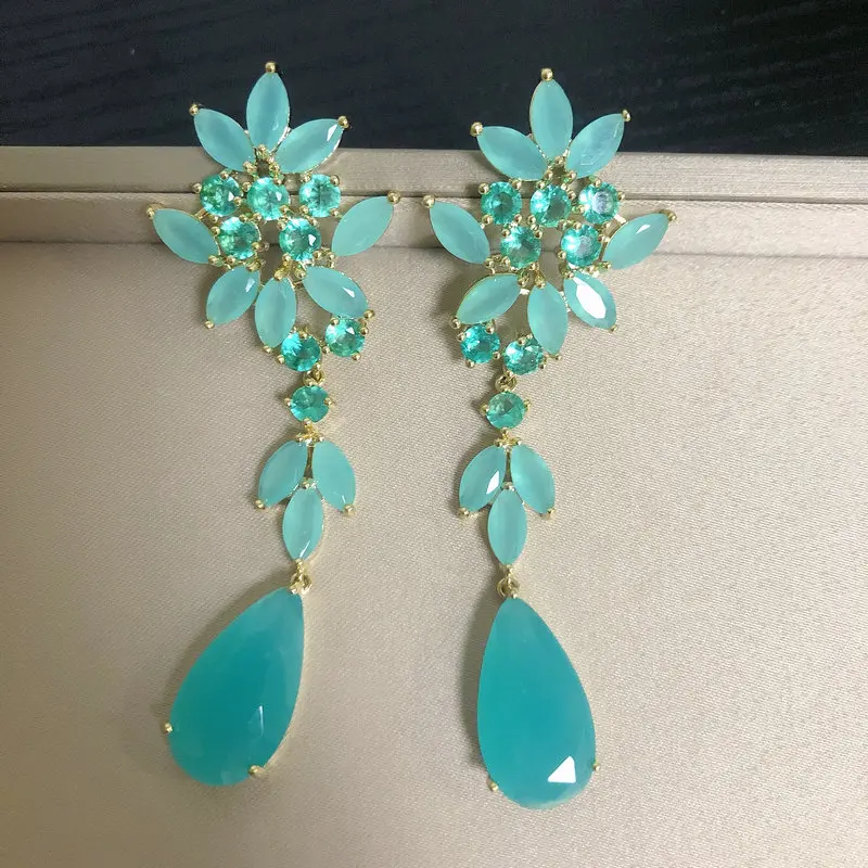 

Bilincolor Trendy Luxury Summer Jewelry Cubic Zircon Solid Blue Long Earring for Women