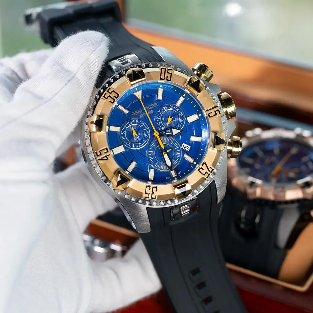 Риф Тигр/РТ Супер Светящиеся стальные часы желтого золота мужские спортивные