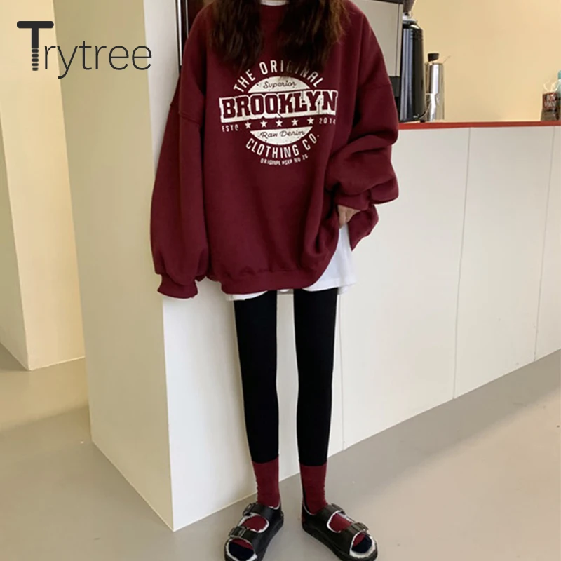 

Trytree 2021 Autumn Winter Woman Casual Sweatshirt O-neck Character Letter Fashion All-Purpose Style Loose Oversize T-shirt Tops