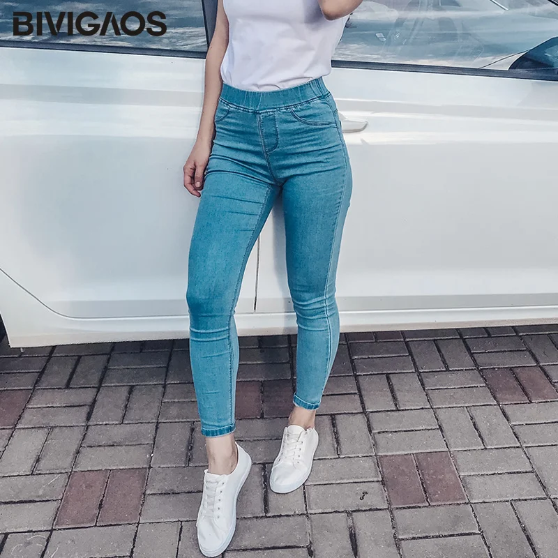 BIVIGAOS Весна Осень Женские простые базовые джинсы эластичные джинсовые брюки