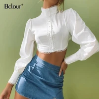 bclout office white lace stand collar shirt summer chic crop top blouse woman elegant ladies tops long sleeve button up top 2021