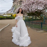 off the shoulder elegant nudewhite feather wedding dress tulle layer skirt sweetheart bridal gowns vestido de noiva sereia