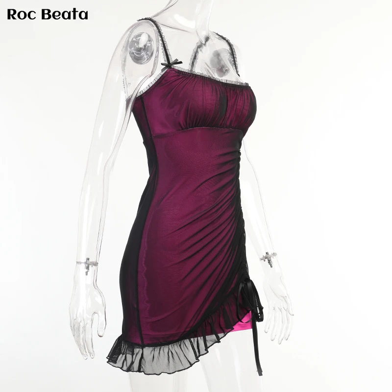 

Sexy Hot Girl Lace Tulle Drawstring Dress Women Summer Party Club Streetwear Casual Double-Layer Contrast Color Bag Hip Dresses
