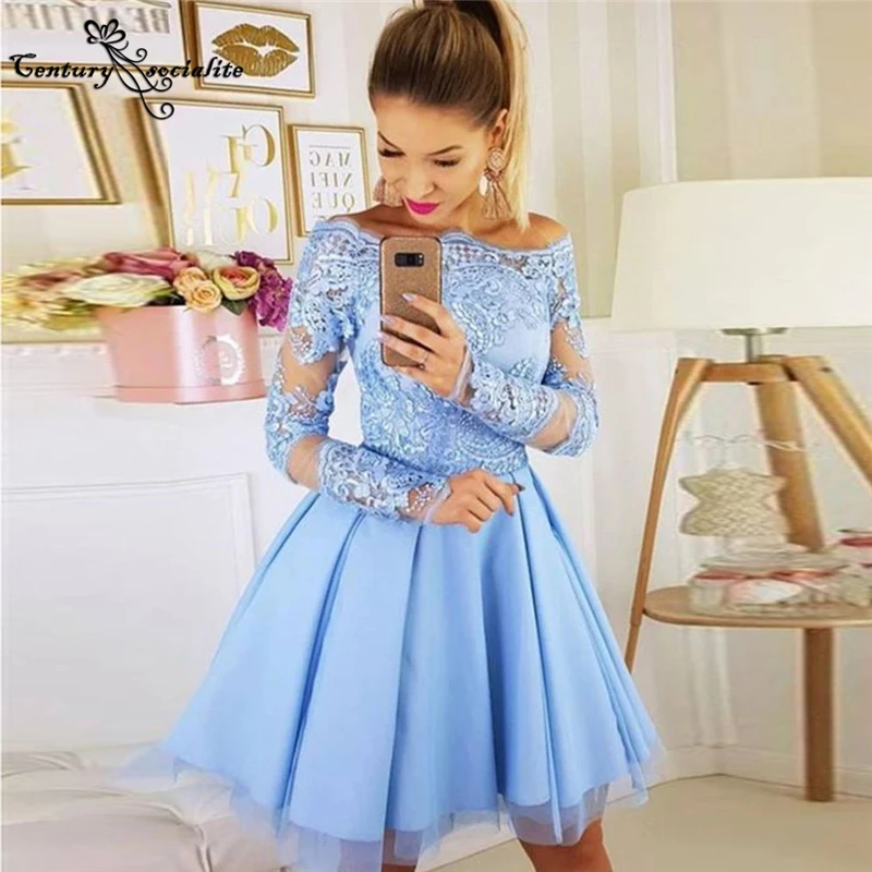 

Lavender Short Homecoming Dresses 2021 Lace Off Shoulder Long Sleeve A-Line Prom Dress Graduation Gowns Vestido De Fiesta