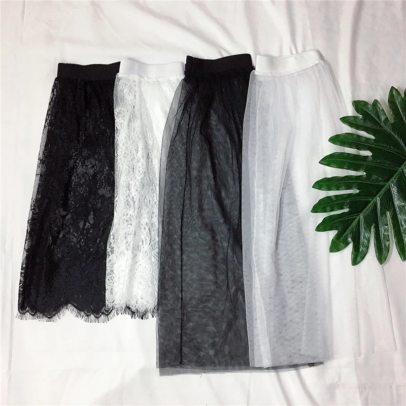 Юбка женская трапециевидная с завышенной талией кружевная прозрачная Тюлевая