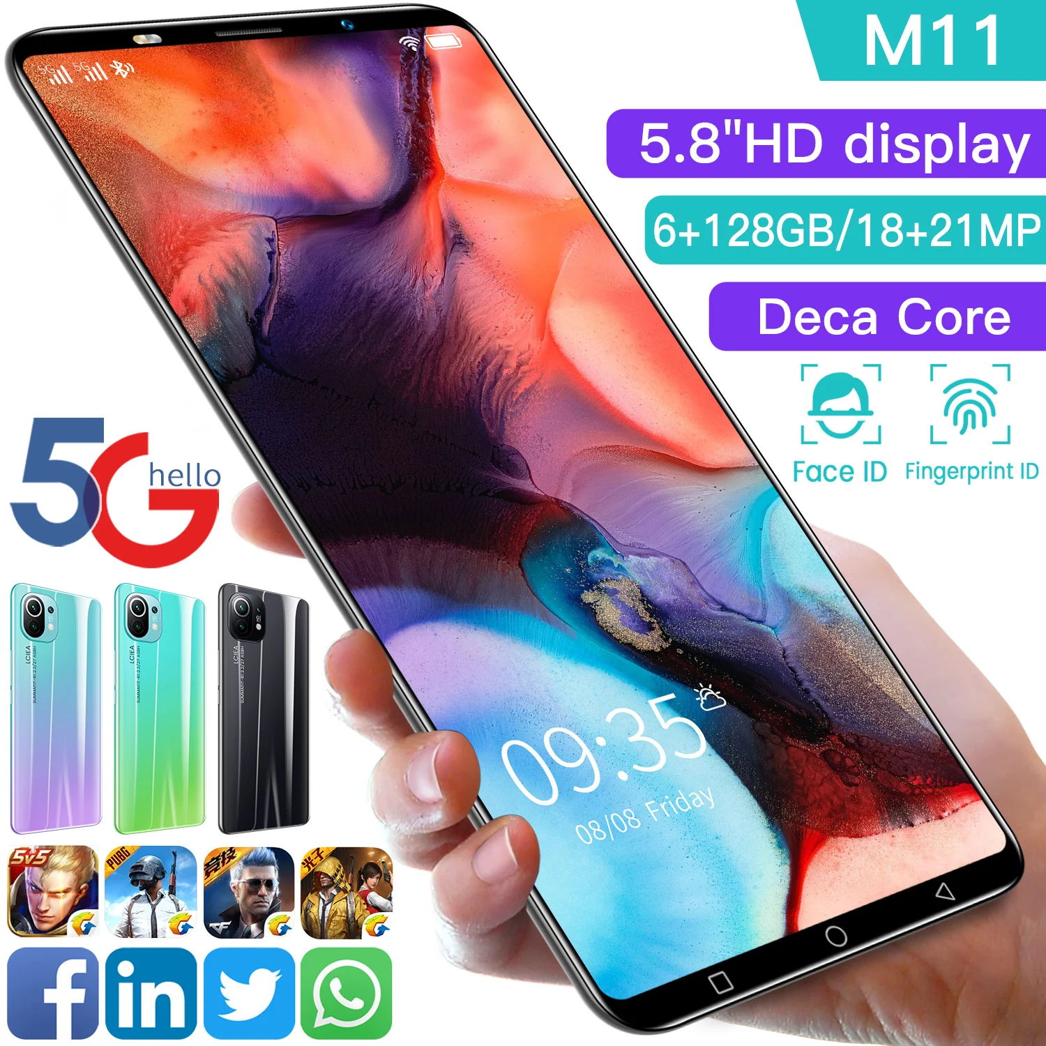 

Global Version M11 5.8inch Display Smartphone Android 10.0 MTK6898 8core Processor 4500mAH Fast Charge Bluetooth Mobilephone