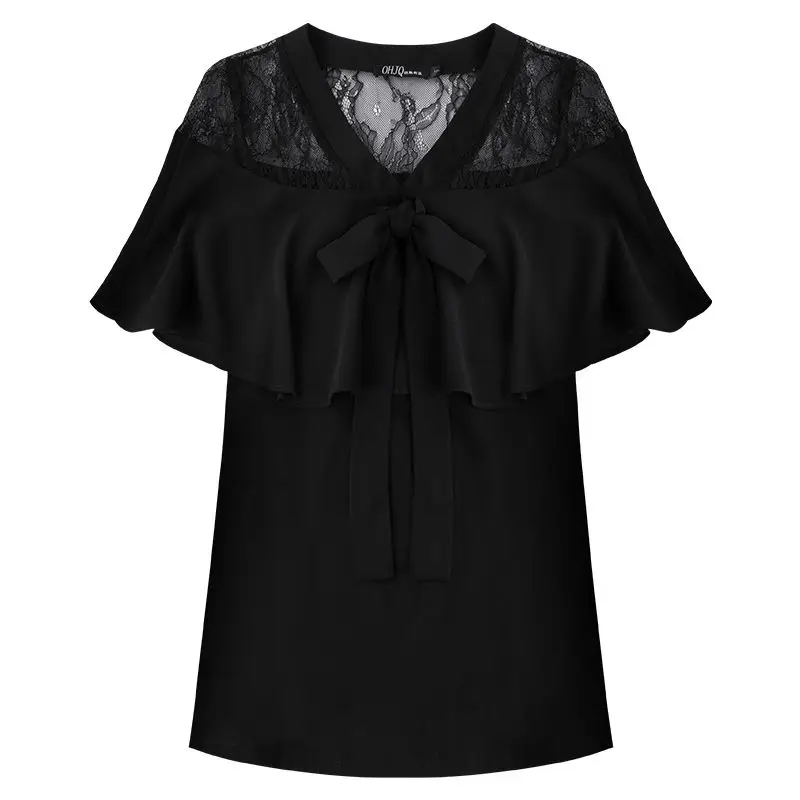 

Black Lace Top Women's 2021 Summer Fashion Elegant Style Bow V-neck Ruffle Chiffon Shirt Female Sleeveless Slim T-shirt Tops