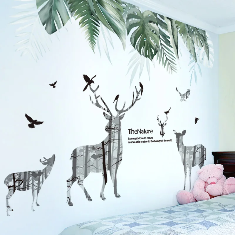 

Tropical Tree Leaves Wall Stickers DIY Deer Animal Wall Decals for Living Room Bedroom Kitchen Home Decoration