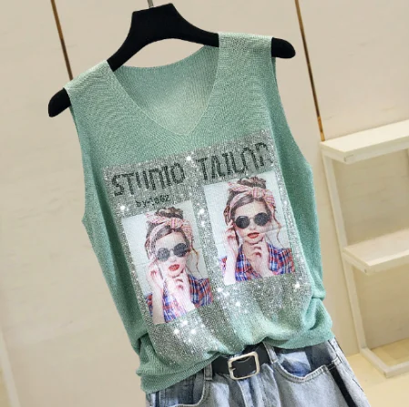 

Summer Tank Top Women Thin Bright Silk Knitted Shirt New Fashion Girl Lady Rhinestones Sleeveless Vest Outwear Female