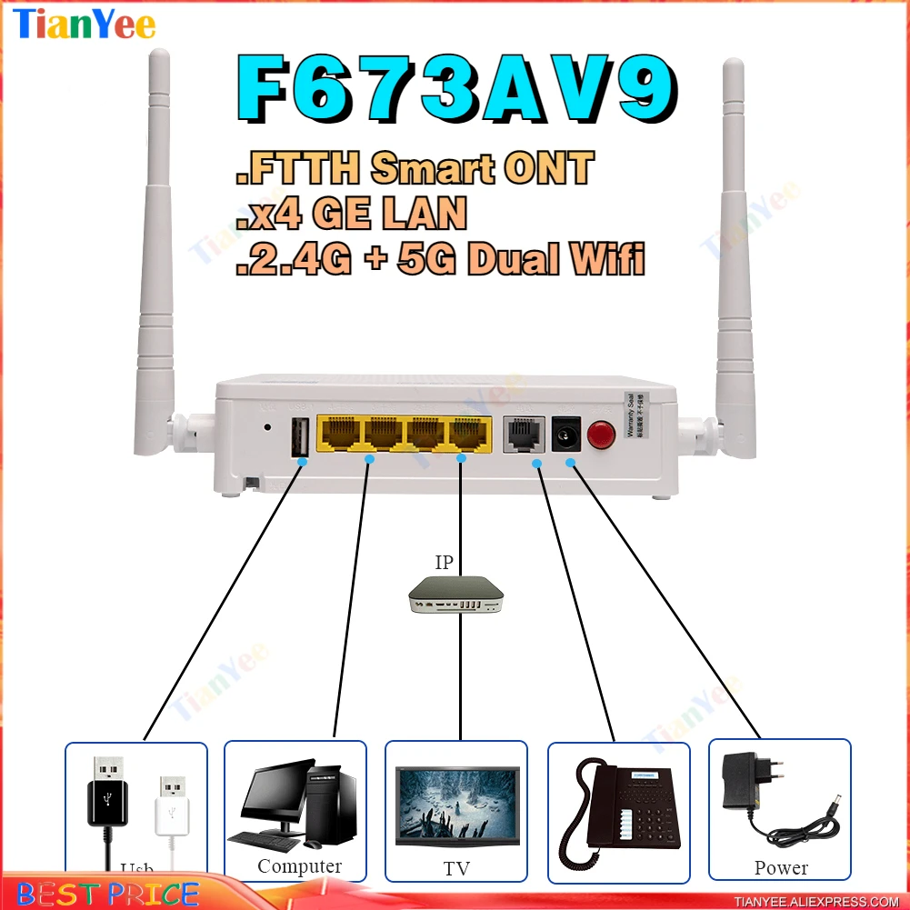 Бесплатная доставка F673AV9 4GE GPON 2 4G/5G ONU WIFI Терминал FTTH ONT модемный терминал