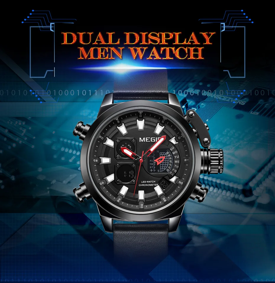 

High Quality Dual Movement MEGIR 2090 Sport Quartz Men's Watches Leather Strap Multi-Function Chronograph Male Wristwatches