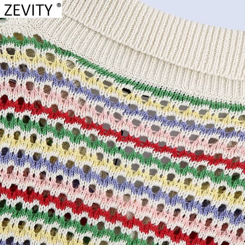 Женский ажурный жаккардовый кардиган Zevity с радужным принтом в полоску свитер