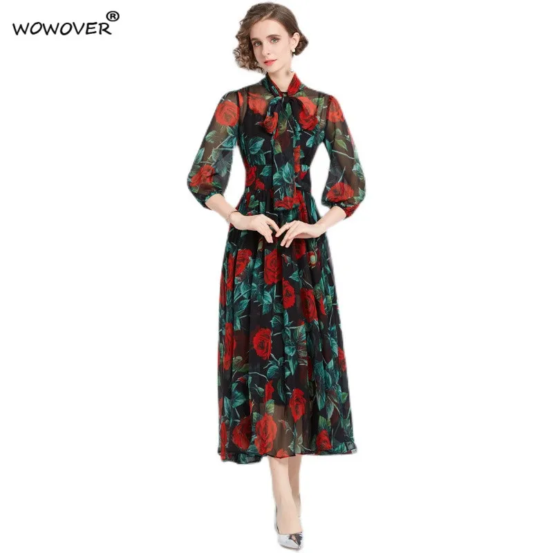 

2022 Spring Runway Designers Bow Collar Floral Print Midi Chiffon Dresses for Women Fashion Vintage Vestidos Holiday Robe Femme