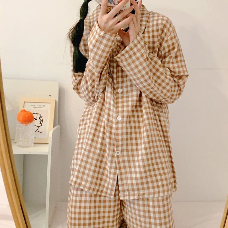 CAIYIER Women Pajamas Suit Autumn Turn-down Collar Yellow Grid Sleepwear Long-sleeved Pants Cartoon Girl Winter Pyjamas Korea