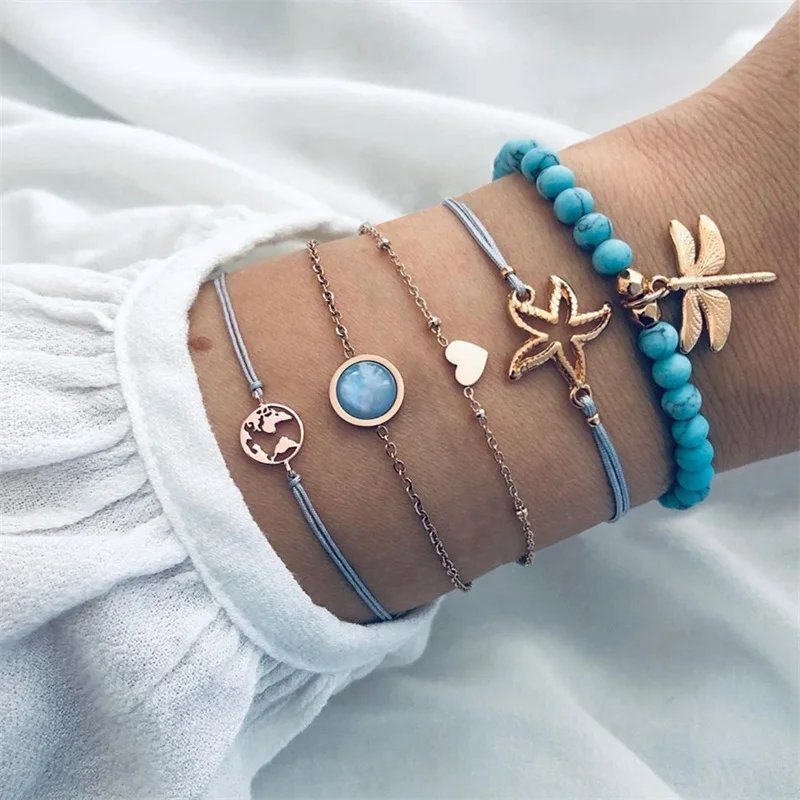 5 шт./компл. Модные женские браслеты карта Морская звезда Индиго жемчужный набор с