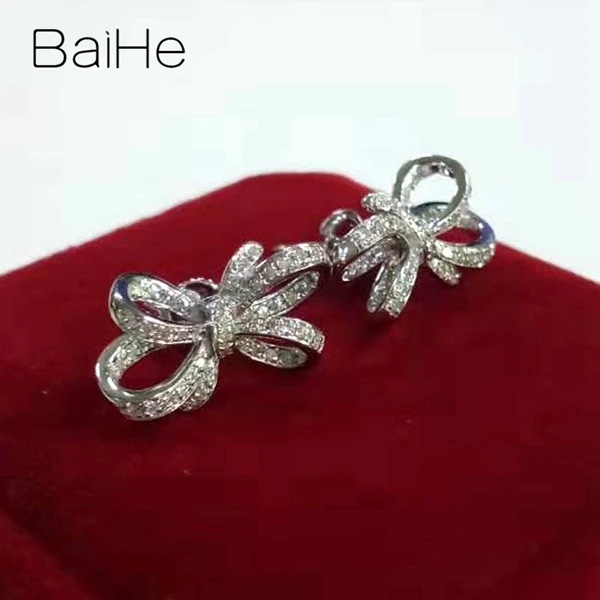 BAIHE Твердые 14 к желтое золото 0.32ct H/SI натуральные бриллианты свадебные женские модные ювелирные украшения красивый бант серьги-гвоздики с бриллиантами