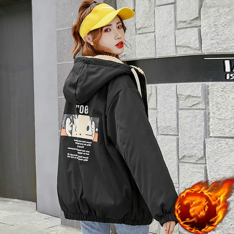 

Winter Cotton Padded Jacket Women Plush And Thickened Cartoon Printing Hooded Baseball Outwear Manteau Femme Hiver Harajuku Coat
