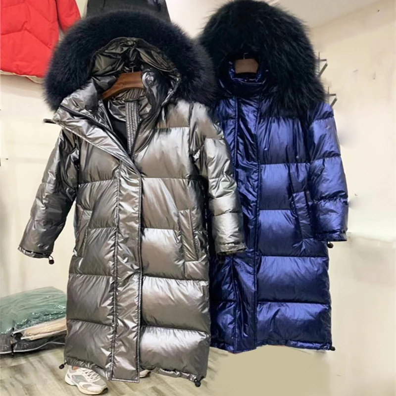 

New Arrival Thick Winter Long Down Jacket Women Hooded Blue Color Ladies Jackets With Real Big Fur Warm Female Thick Slim Coats
