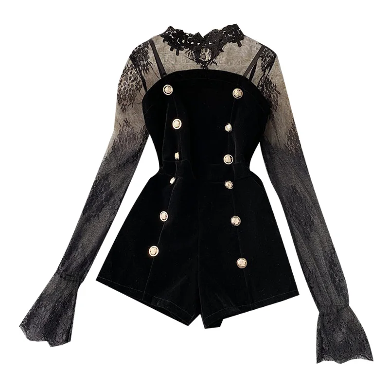 

Runway Designer 2020 Two Piece Set Black Lace Mesh Patchwork Tops Shirts + Velvet Double Breasted Rompers 2 Pcs Set For Female