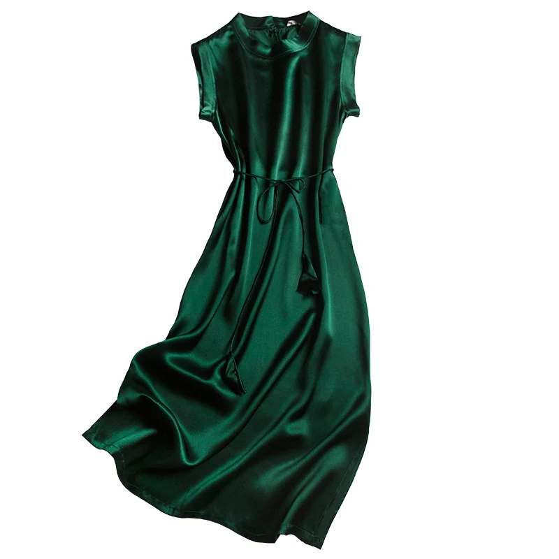 

Heavy Silk Sleeveless Dress 2021 Spring And Summer New Lace-Up Thin A-Line Skirt Mid-Length Dark Green