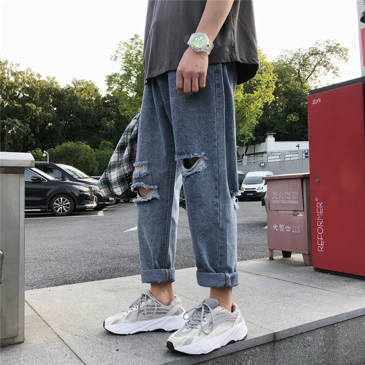

IEFB / men's wear korean trendy casual denim Pants 2021 spring new hole blue Jeans Loose Directly ankel-length trousers 9Y1273