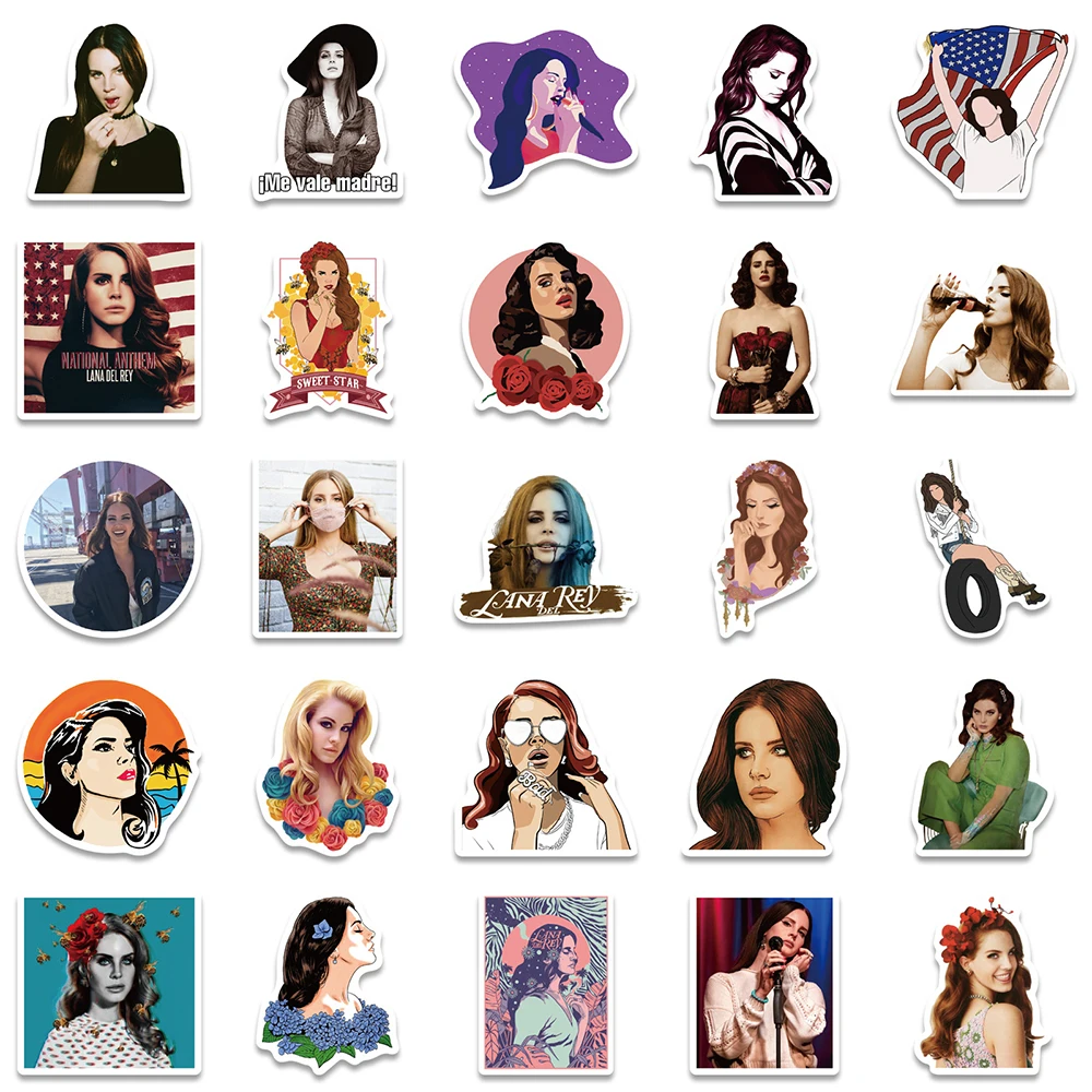Pegatinas de Singer Lana Del Rey para ni&ntilde;os, pegatinas de bricolaje para coche, guitarra, tel&eacute;fono, motocicleta, port&aacute;til, nevera, impermeable, grafiti, pegatina de juguete, 10/30/50 Uds.-4