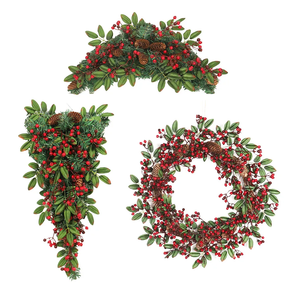 

Christmas Wreath Pine Cone Horn Vine Red Fruit Window Door Decoration Hanging New Year Christmas Wreath Decorations Cosy