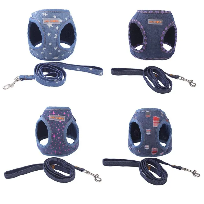 Джинсовая куртка для собак мягкая шлейка со звездами щенков и набор поводков