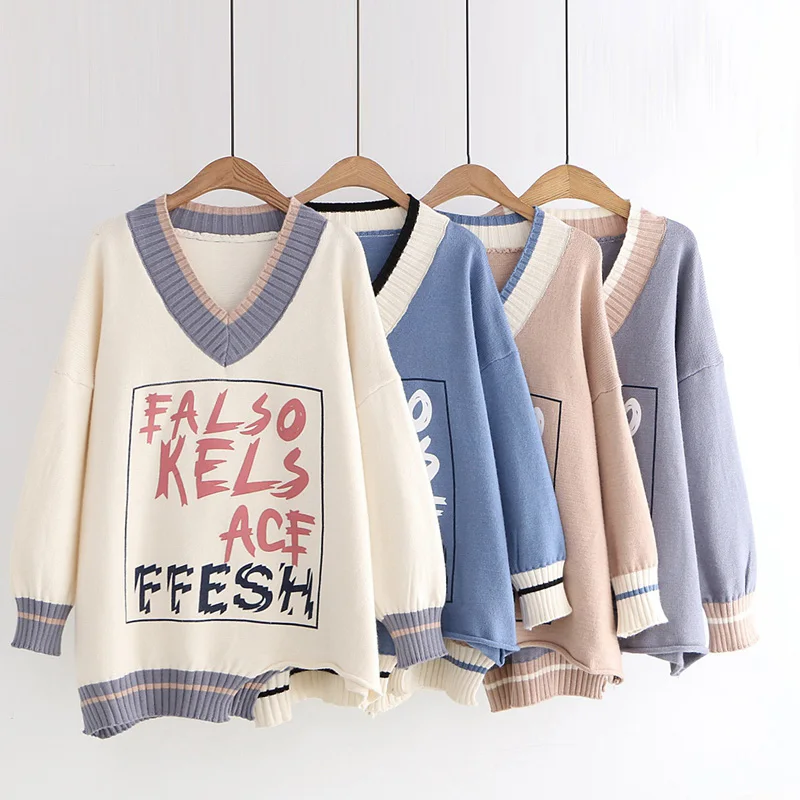 Sweaters Woman Pullovers Fashion 2020 Spring V-neck Sweater Long Sleeve Korean Lazy Style Letter Women New Fluffy Tricot Girl | Женская