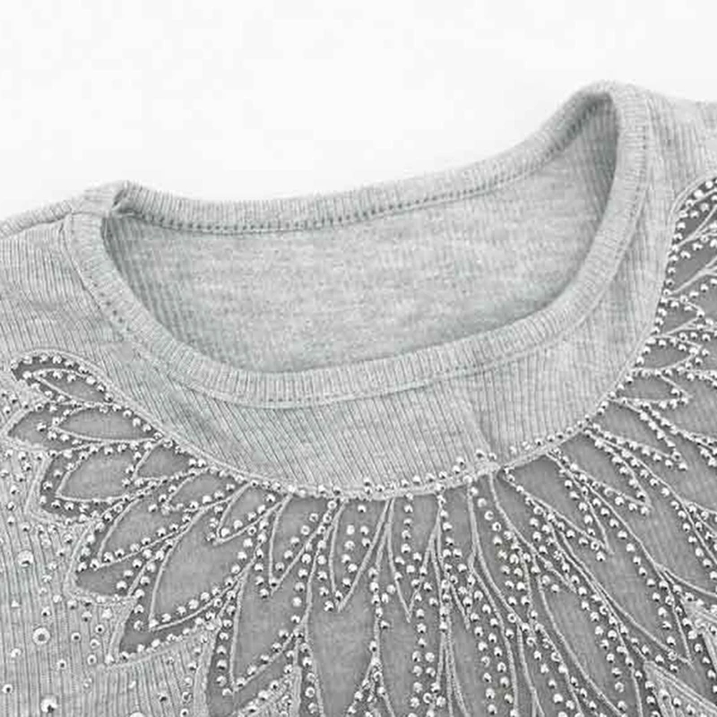 

Elegant Women Autumn Winter Slim T-Shirts Patchwork Hollow Out Design Beading Decor See Through O-Neck Long Sleeve Solid Top