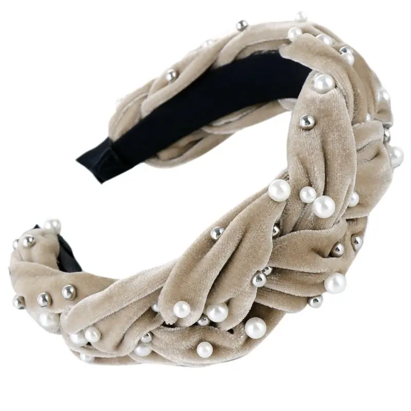 

Ethnic Glitter Velvet Wide Headband Faux Pearl Metal Beads Embellished Hair Hoop Handmade Thick Braided Women Banquet Headwear