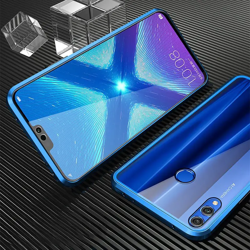 Blue Case Двусторонняя магнитная защита 360 для huawei Honor 8X Max 9X Pro закаленное переднее стекло для Honor 10 Lite Honor 20Pro view 20 чехол - Цвет: Blue Case