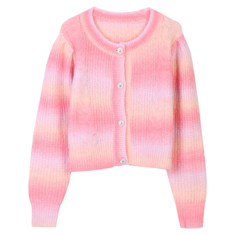 

Fannic 2020 Autumn and Winter Long Sleeves Round Neck Striped Loose Knitted Single-Breasted Cardigan Sweater