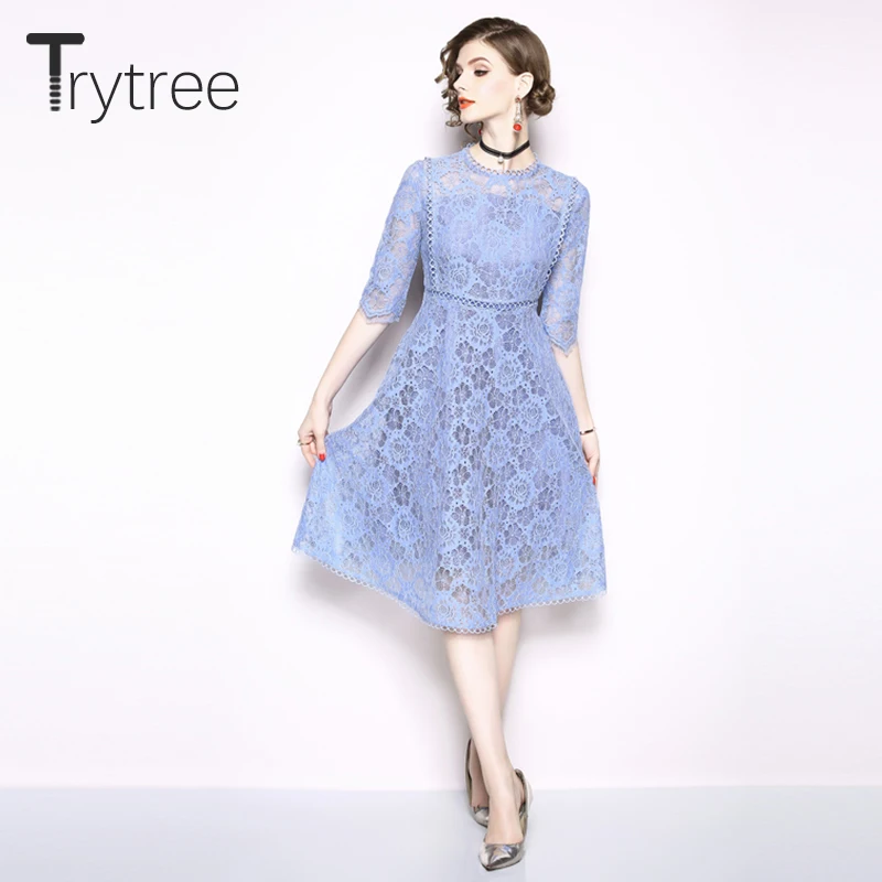 Платье-трапеция женское кружевное однотонное с круглым вырезом лето-осень |