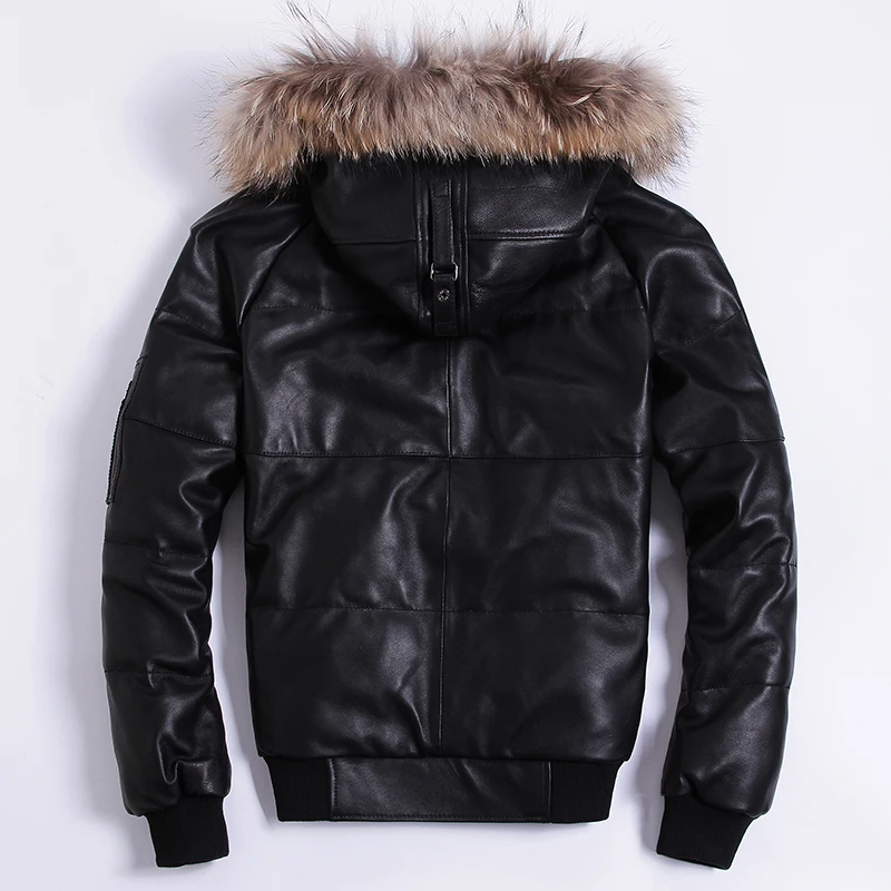 Мужской пуховик из натуральной овечьей кожи с натуральным мехом AVIREX Fly черное