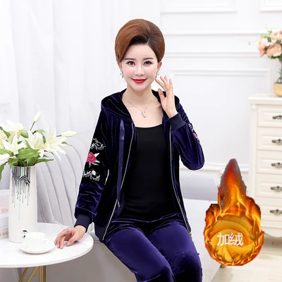 plus velvet blue Спортивный костюм для женщин, весенний комплект из двух предметов, топ и штаны, женские костюмы, спортивный костюм, женский золотой Бархатный комплект, одежда с вышивкой - Цвет: plus velvet blue
