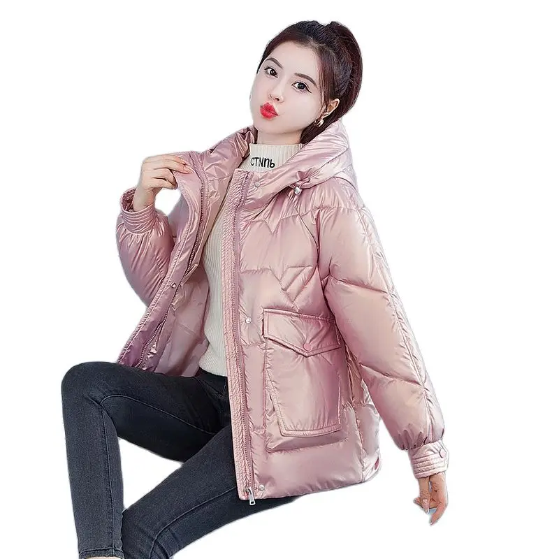

Женское зимнее глянцевое короткое ветрозащитное пальто с капюшоном и большим карманом, Женская куртка-пуховик с хлопковой подкладкой, парки, верхняя одежда, пальто