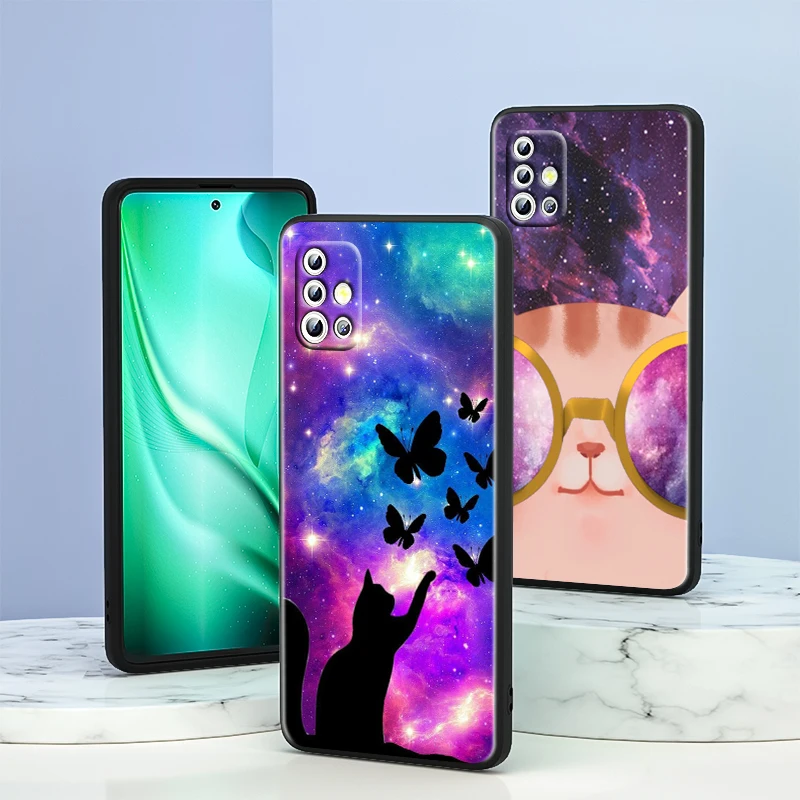 

Galactic universe cat For Samsung Galaxy A33 A53 A72 A52 A42 A32 Lite A22 A13 A12 5G A03S A02S A02 Black Phone Case Capa